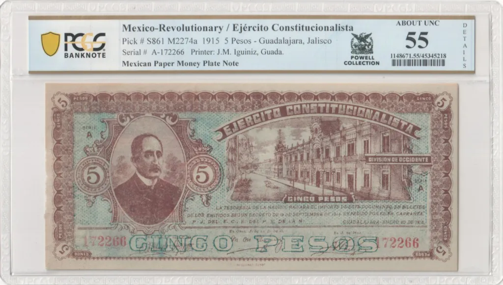 Mexican Currency Revolutionary Currency Revolutionary Currency 5 Pesos 1915 Jalisco M2274a PCGS AU55 f_35594 Revolutionary Currency 5 Pesos 1915 Jalisco M2274a PCGS AU55 f_35594