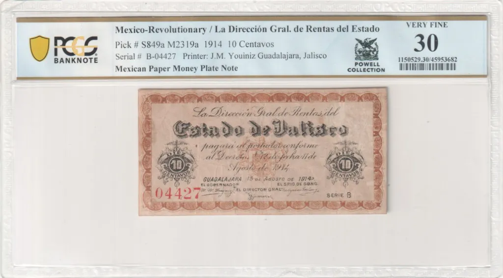 Mexican Currency Revolutionary Currency Revolutionary Currency 10 Centavos 1914 Jalisco M2319a PCGS VF30 f_35595 Revolutionary Currency 10 Centavos 1914 Jalisco M2319a PCGS VF30 f_35595