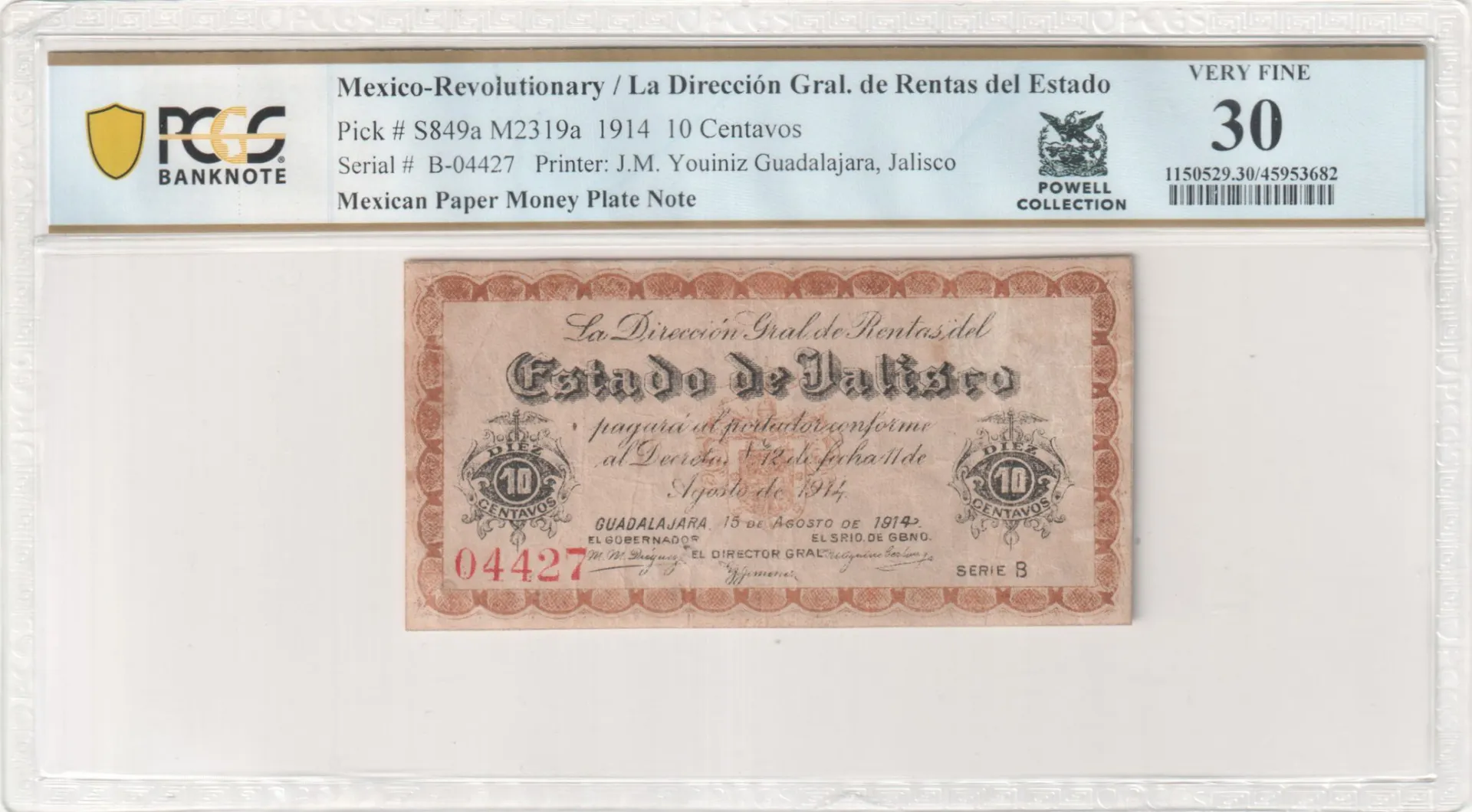 Revolutionary Currency 10 Centavos 1914 Jalisco M2319a PCGS VF30 f_35595