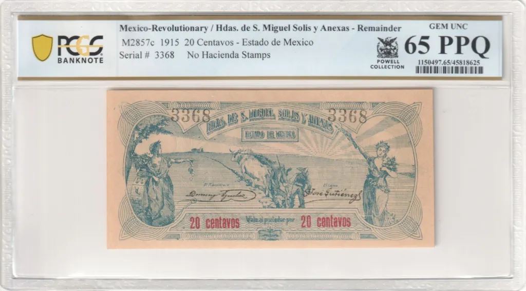 Mexican Currency Revolutionary Currency Revolutionary Currency 20 Centavos 1915 Mexico M2857c PCGS Gem UNC65 PPQ f_35601 Revolutionary Currency 20 Centavos 1915 Mexico M2857c PCGS Gem UNC65 PPQ f_35601