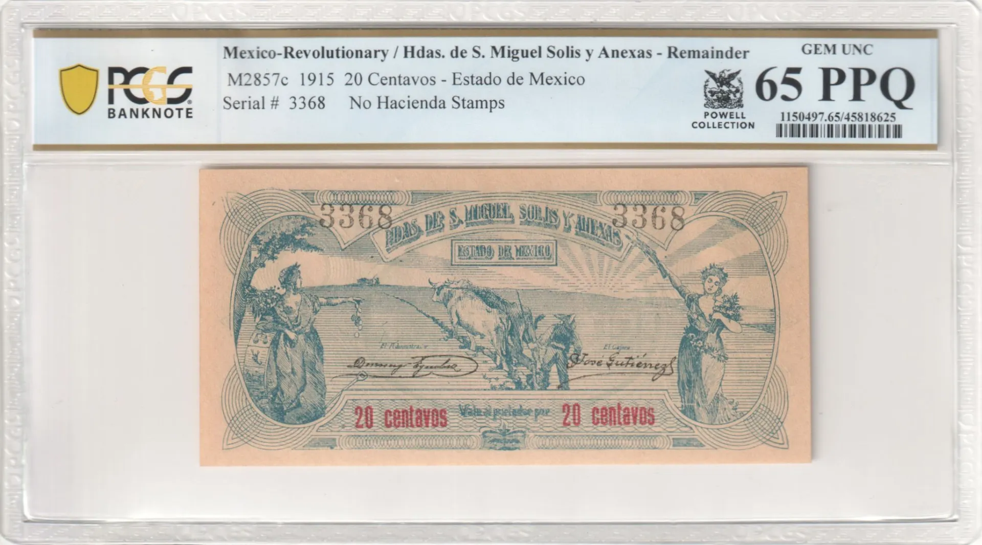 Mexican Currency Revolutionary Currency Revolutionary Currency 20 Centavos 1915 Mexico M2857c PCGS Gem UNC65 PPQ f_35601 Revolutionary Currency 20 Centavos 1915 Mexico M2857c PCGS Gem UNC65 PPQ f_35601