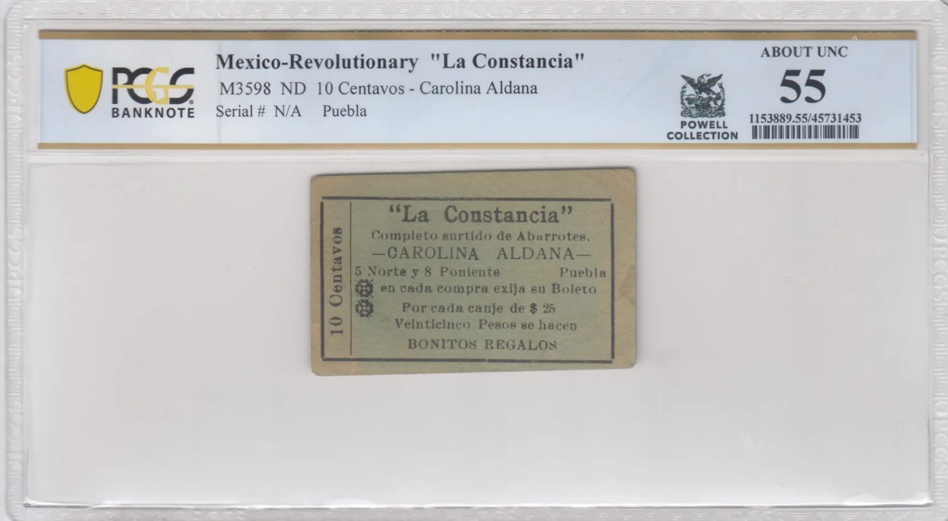 Mexican Currency Revolutionary Currency Revolutionary Currency 10 Centavos ND Puebla M3598 PCGS AU55 f_35604 Revolutionary Currency 10 Centavos ND Puebla M3598 PCGS AU55 f_35604