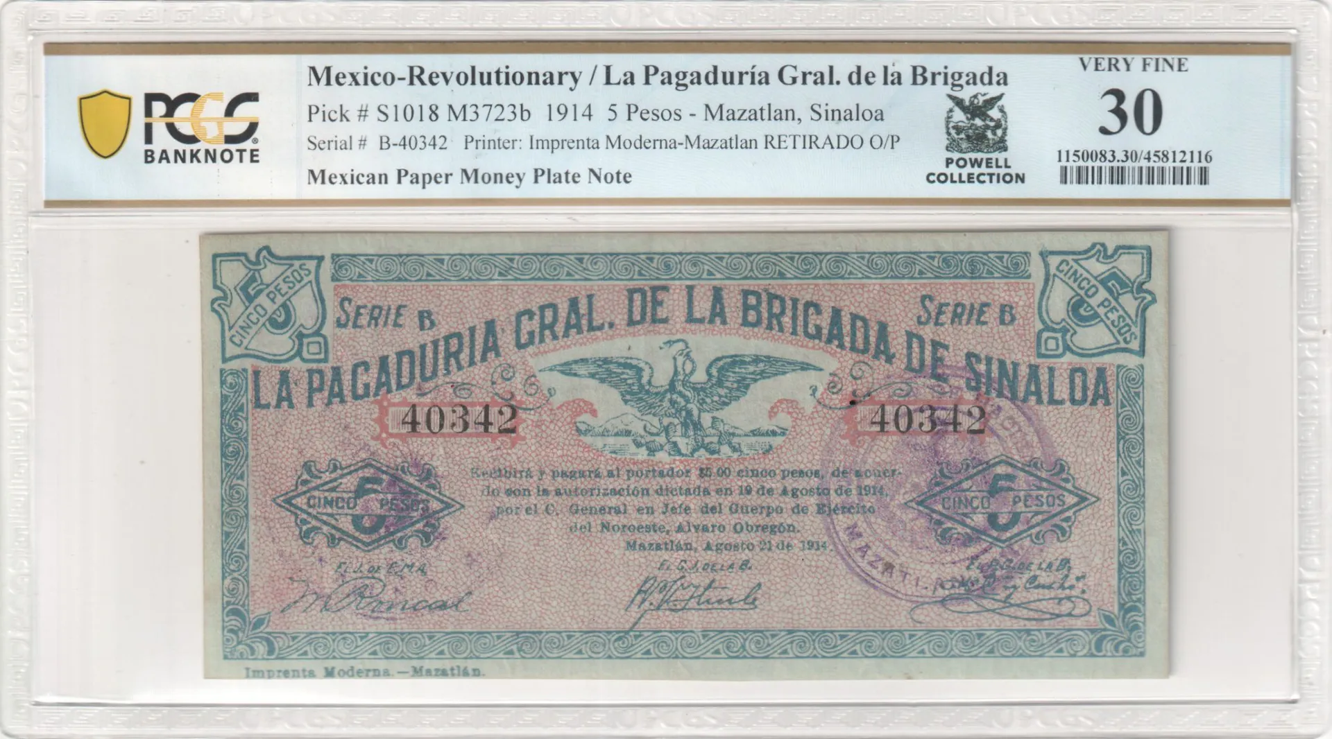 Mexican Currency Revolutionary Currency Revolutionary Currency 5 Pesos 1914 Sinaloa M3723b PCGS VF30 f_35605 Revolutionary Currency 5 Pesos 1914 Sinaloa M3723b PCGS VF30 f_35605