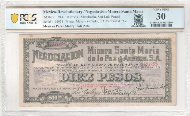 Mexican Currency Revolutionary Currency Revolutionary Currency 10 Pesos 1914 San Luis Potosi M3679 PCGS VF30 f_35606 Revolutionary Currency 10 Pesos 1914 San Luis Potosi M3679 PCGS VF30 f_35606