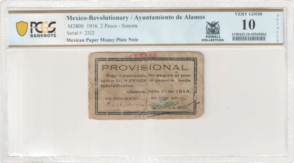 Mexican Currency Revolutionary Currency Revolutionary Currency 2 Pesos 1916 Sonora M3800 PCGS VG10 f_35607 Revolutionary Currency 2 Pesos 1916 Sonora M3800 PCGS VG10 f_35607