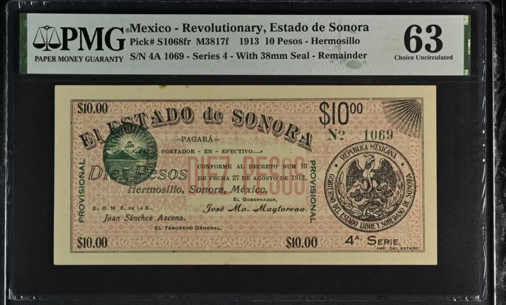 Mexican Currency Revolutionary Currency Revolutionary Currency 10 Pesos 1913 Hermosillo M3817f PMG Ch UNC63 f_35609 Revolutionary Currency 10 Pesos 1913 Hermosillo M3817f PMG Ch UNC63 f_35609