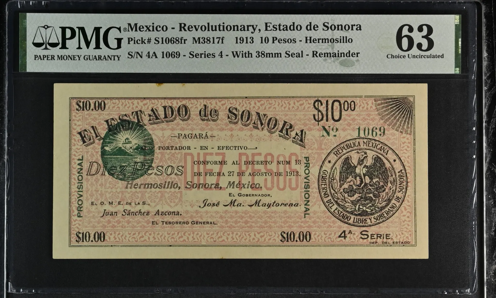 Mexican Currency Revolutionary Currency Revolutionary Currency 10 Pesos 1913 Hermosillo M3817f PMG Ch UNC63 f_35609 Revolutionary Currency 10 Pesos 1913 Hermosillo M3817f PMG Ch UNC63 f_35609