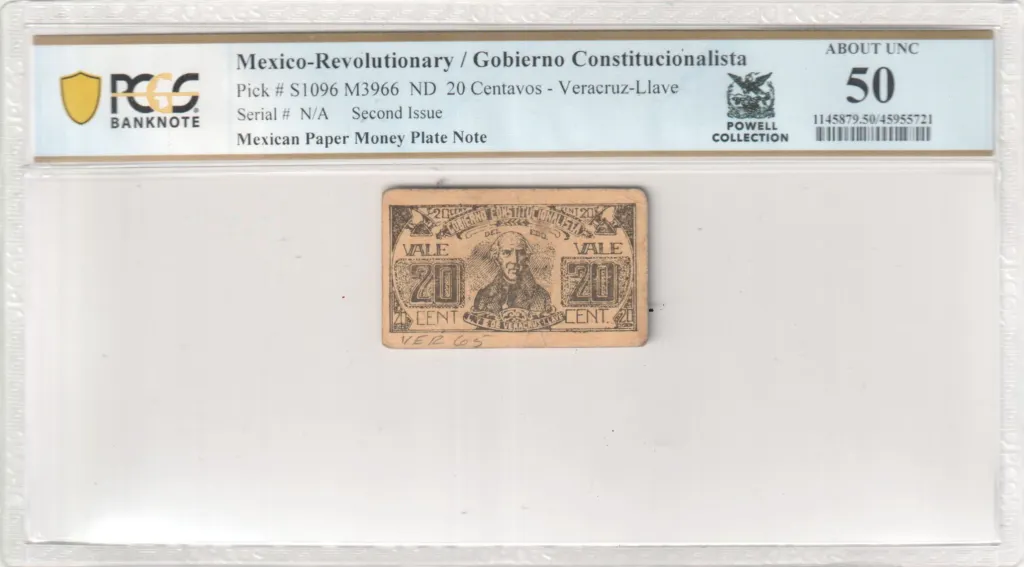 Mexican Currency Revolutionary Currency Revolutionary Currency 20 Centavos ND Veracruz M3966 PCGS AU50 f_35610 Revolutionary Currency 20 Centavos ND Veracruz M3966 PCGS AU50 f_35610