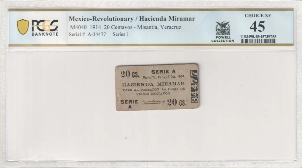Mexican Currency Revolutionary Currency Revolutionary Currency 20 Centavos 1914 Veracruz M4040 PCGS XF45 f_35611 Revolutionary Currency 20 Centavos 1914 Veracruz M4040 PCGS XF45 f_35611