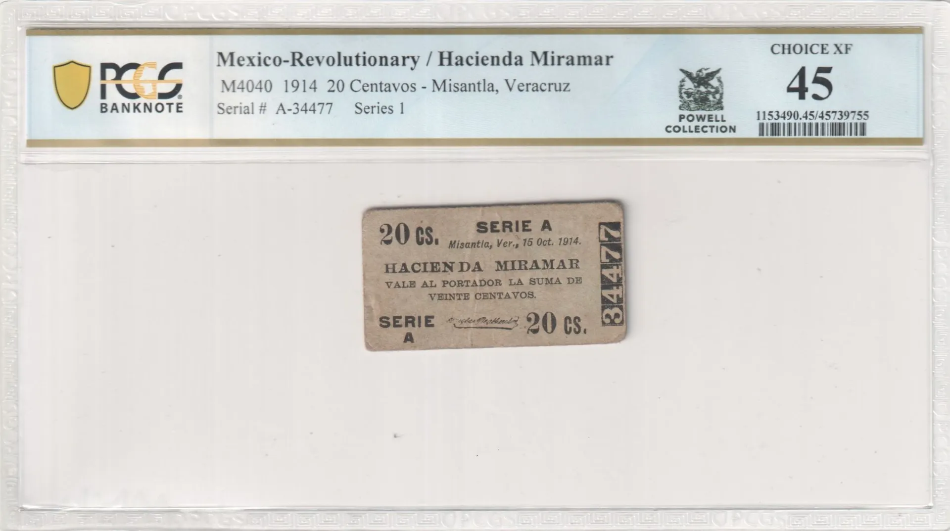 Mexican Currency Revolutionary Currency Revolutionary Currency 20 Centavos 1914 Veracruz M4040 PCGS XF45 f_35611 Revolutionary Currency 20 Centavos 1914 Veracruz M4040 PCGS XF45 f_35611Revolutionary Currency 20 Centavos 1914 Veracruz M4040 PCGS XF45 f_35611