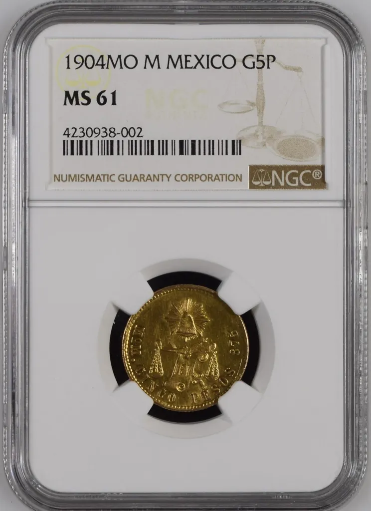 Mexican Coins Republic Gold Republic Gold 5 Peso 1904 Mo M NGC MS61 0157967 Republic Gold 5 Peso 1904 Mo M NGC MS61 0157967