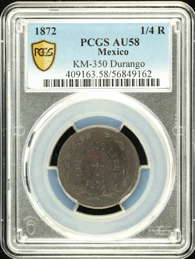 State Coppers 1/4 Real 1872 Durango KM-350 PCGS AU58 0157988