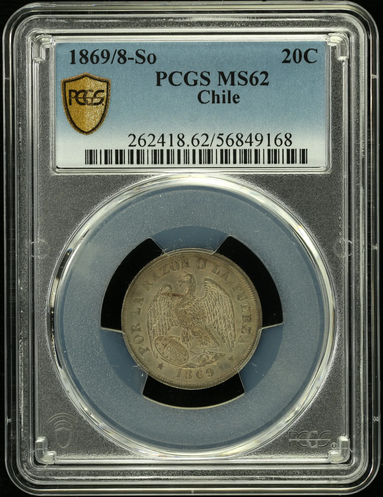 Chile Latin American Coins Chile 20 Cents 1869/8 So PCGS MS62 0157994 Chile 20 Cents 1869/8 So PCGS MS62 0157994