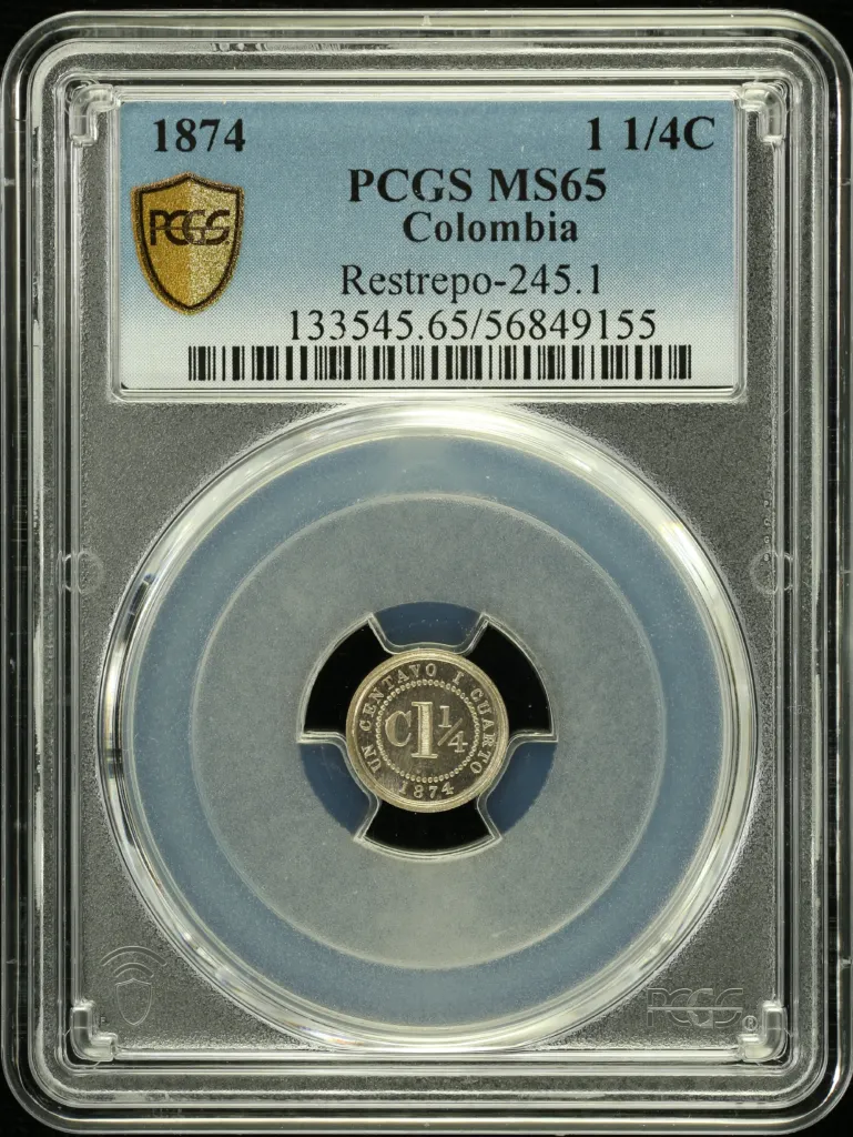 Colombia 1 1/4 Cent 1874 PCGS MS65 0157995