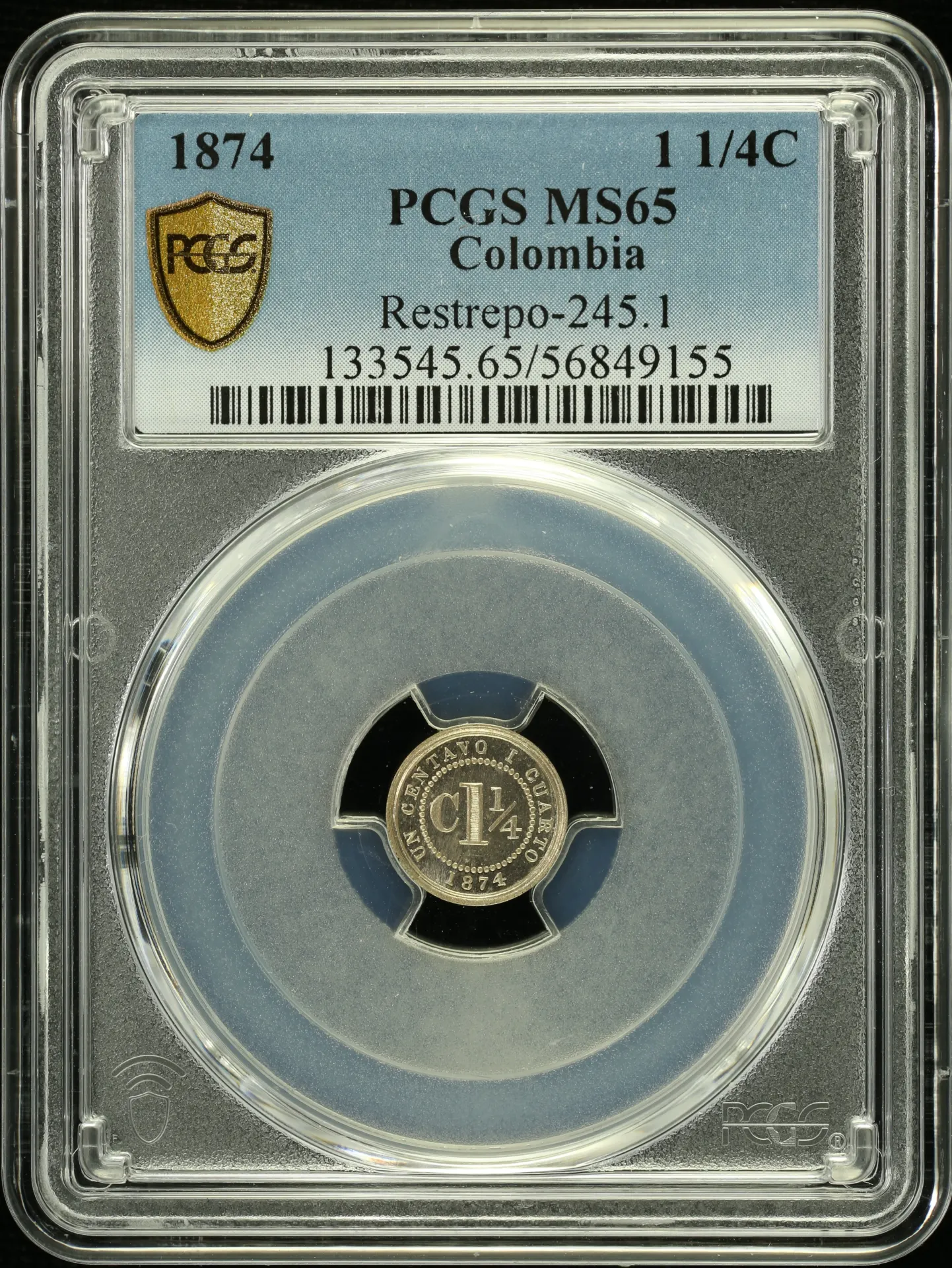 Colombia Latin American Coins Colombia 1 1/4 Cent 1874 PCGS MS65 0157995 Colombia 1 1/4 Cent 1874 PCGS MS65 0157995