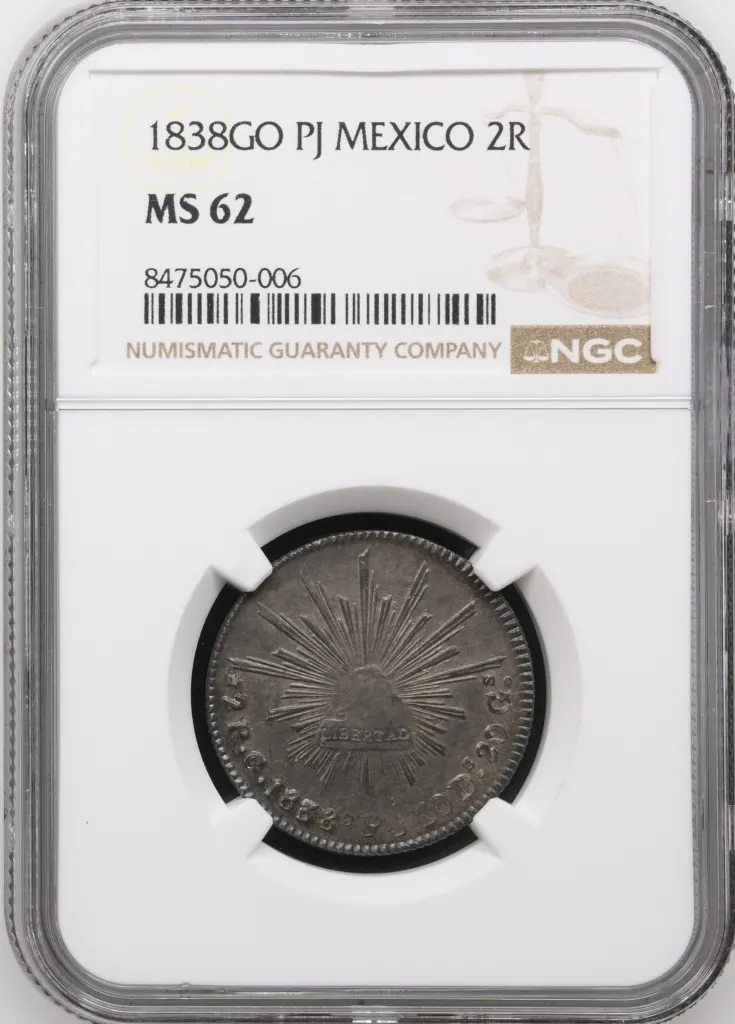 Republic Silver & Minors 2 Reales 1838 Go PJ NGC MS62 0158005