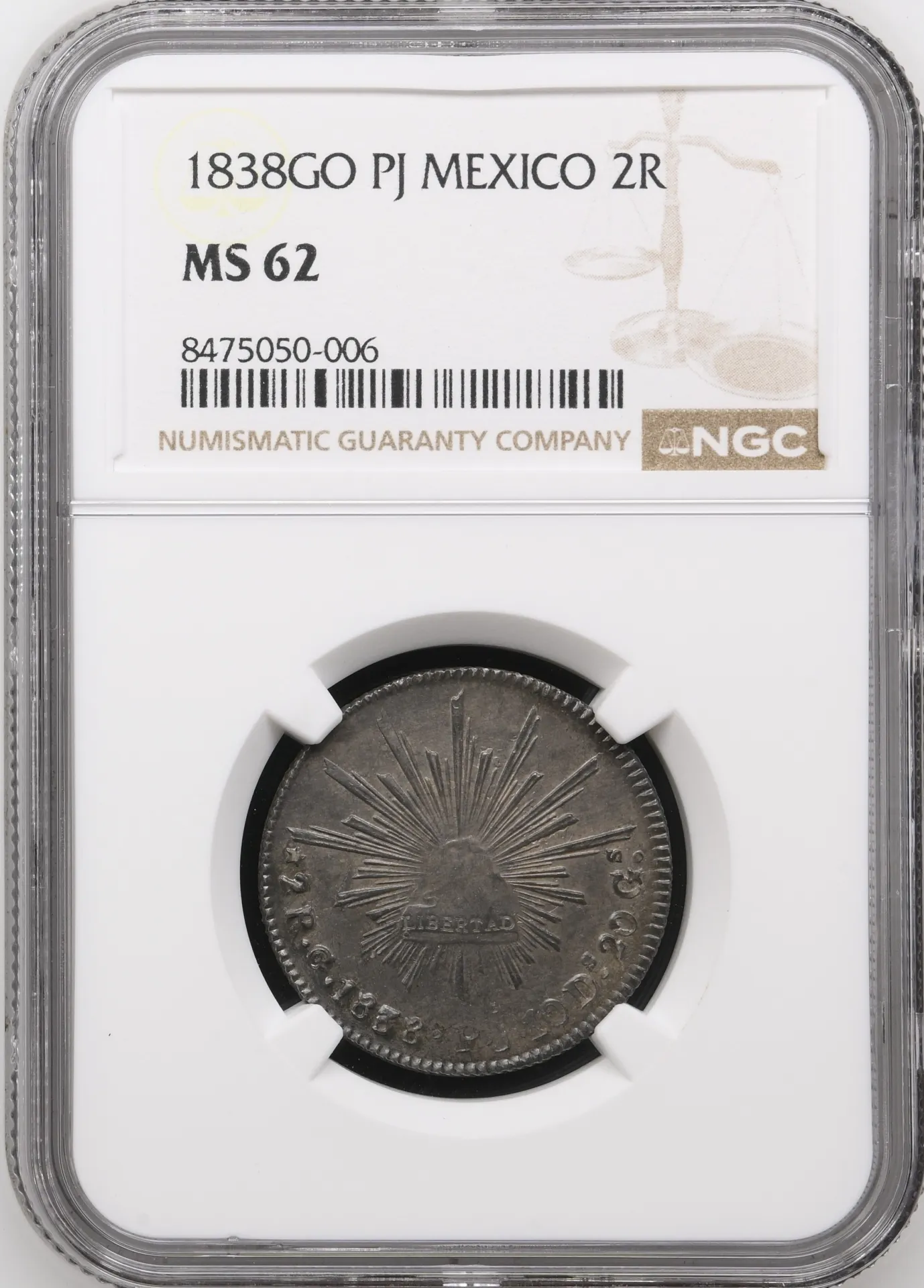 Republic Silver & Minors 2 Reales 1838 Go PJ NGC MS62 0158005