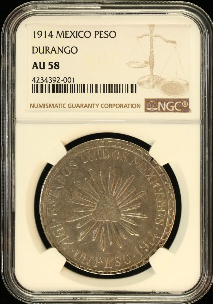 Durango Mexican Coins Revolution Durango Peso 1914 Durango NGC AU58 0157878 Durango Peso 1914 Durango NGC AU58 0157878
