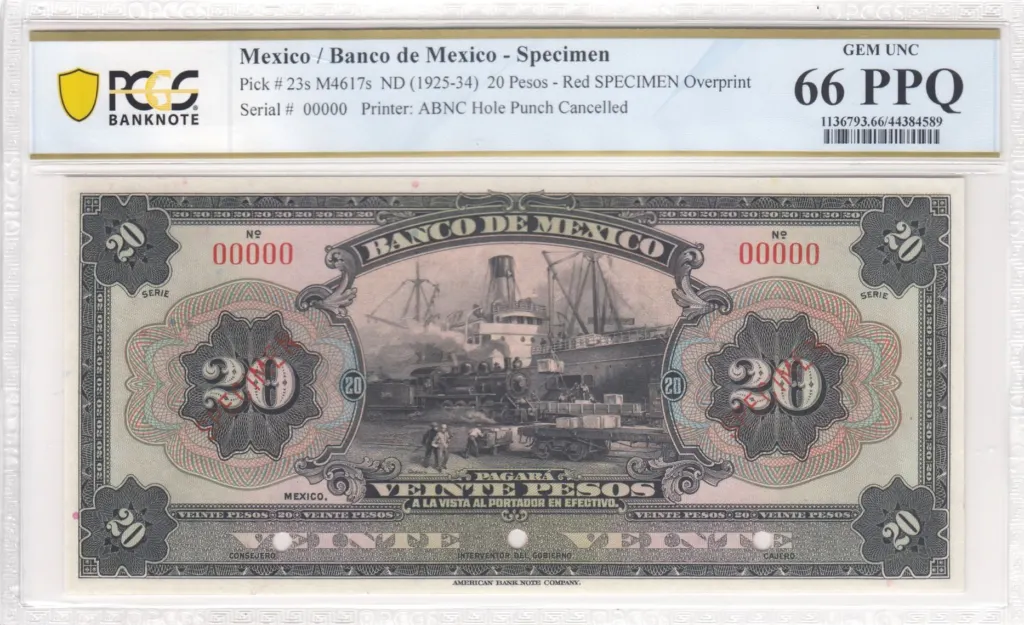 Banco De Mexico 20 Pesos ND M4617s P 23s PCGS Gem UNC 66 PPQ f_35613