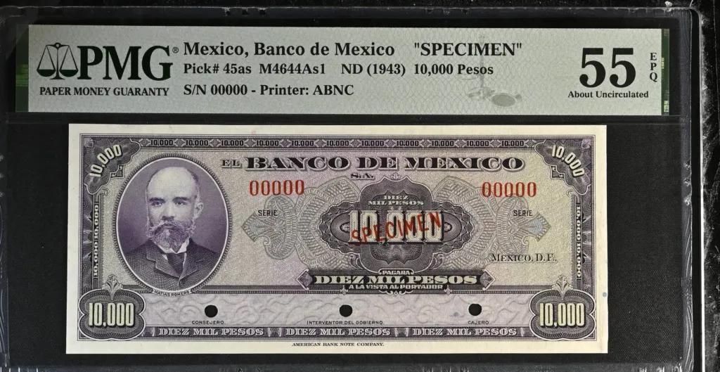 Banco De Mexico 10,000 Pesos (1943) Rare Date M4644As1 P 45as PMG AU55 EPQ f_35617