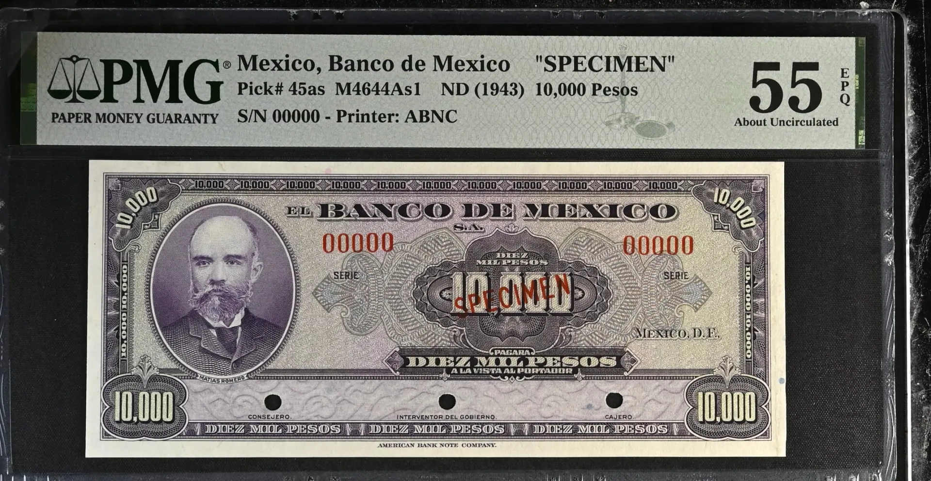 Banco De Mexico 10,000 Pesos (1943) Rare Date M4644As1 P 45as PMG AU55 EPQ f_35617