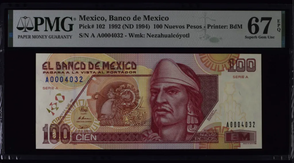 Banco De Mexico 100 Nuevos Pesos 1992 M4675a P 102 PMG Superb Gem UNC67 EPQ f_35640