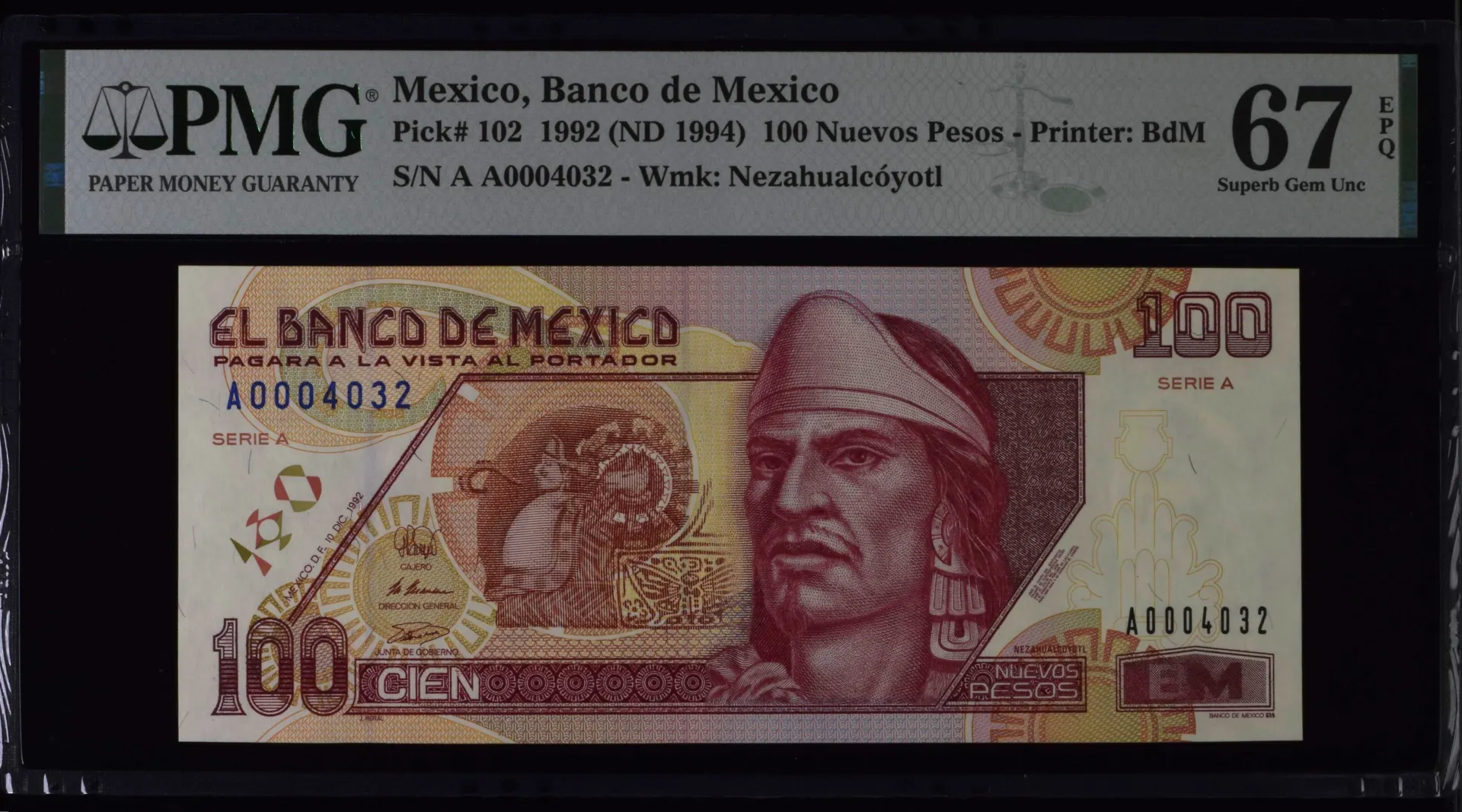 Banco De Mexico 100 Nuevos Pesos 1992 M4675a P 102 PMG Superb Gem UNC67 EPQ f_35640
