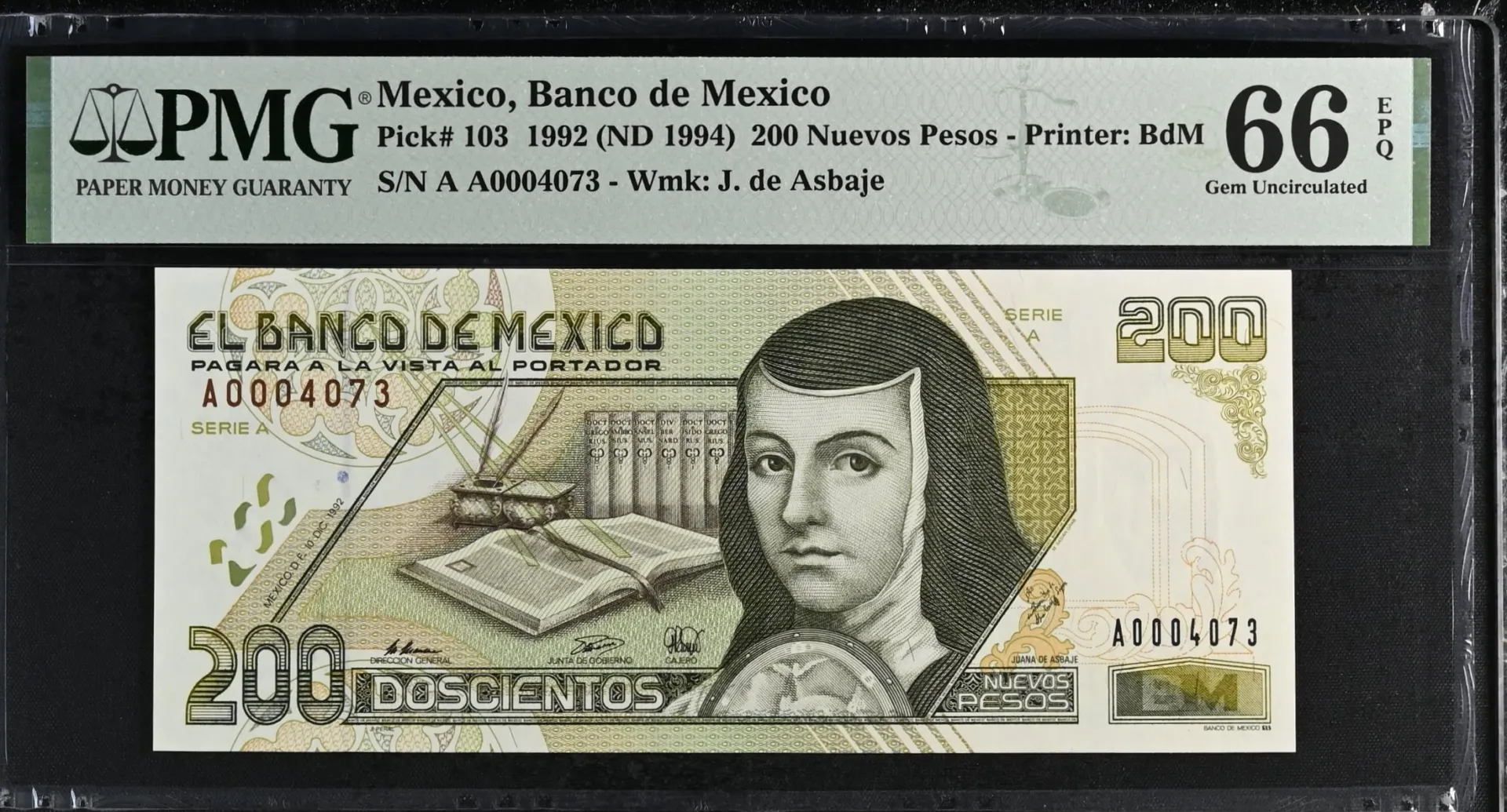 Banco De Mexico 200 Nuevos Pesos 1992 M4676a P 103 PMG Gem UNC66 EPQ f_35641