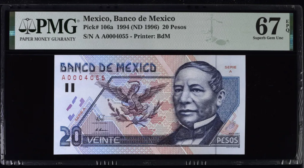 Banco De Mexico 20 Pesos 1994 M4679a P 106a PMG Superb Gem UNC67 EPQ f_35644