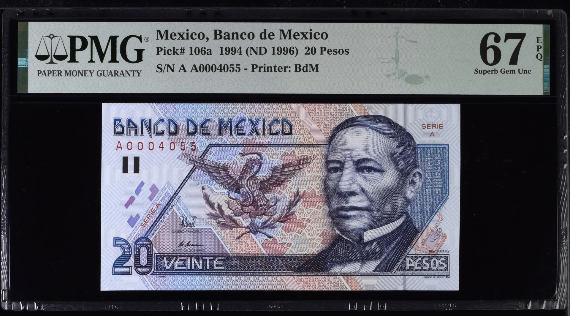 Banco De Mexico 20 Pesos 1994 M4679a P 106a PMG Superb Gem UNC67 EPQ f_35644