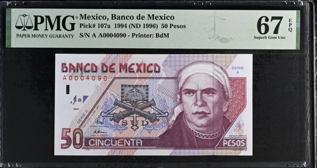 Banco De Mexico 50 Pesos 1994 M4680a  P 107a PMG Superb Gem UNC67 EPQ f_35645