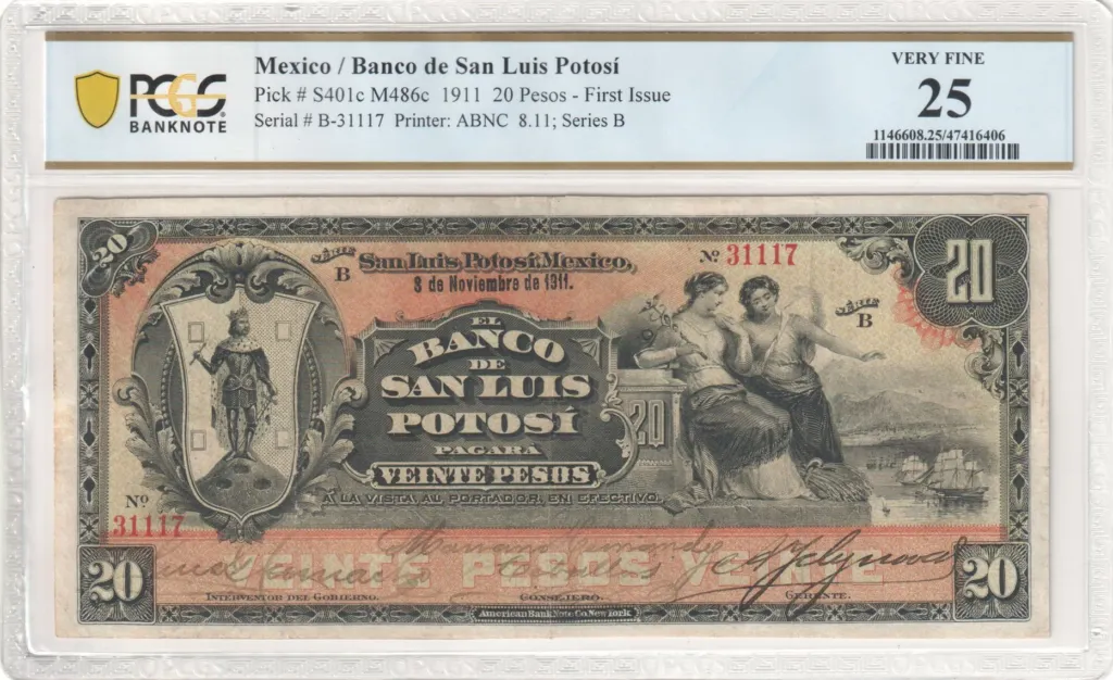 Bancos 20 Pesos 1911 San Luis Potosi M486c P S401c PCGS VF25 f_35659