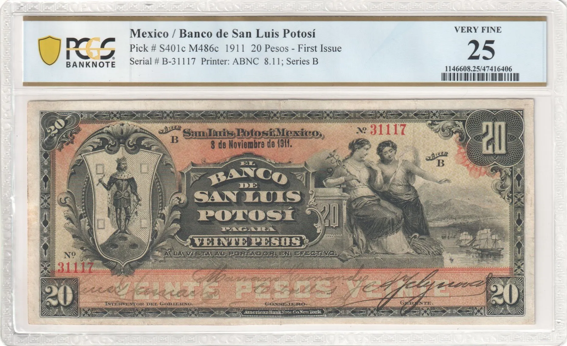 Bancos 20 Pesos 1911 San Luis Potosi M486c P S401c PCGS VF25 f_35659