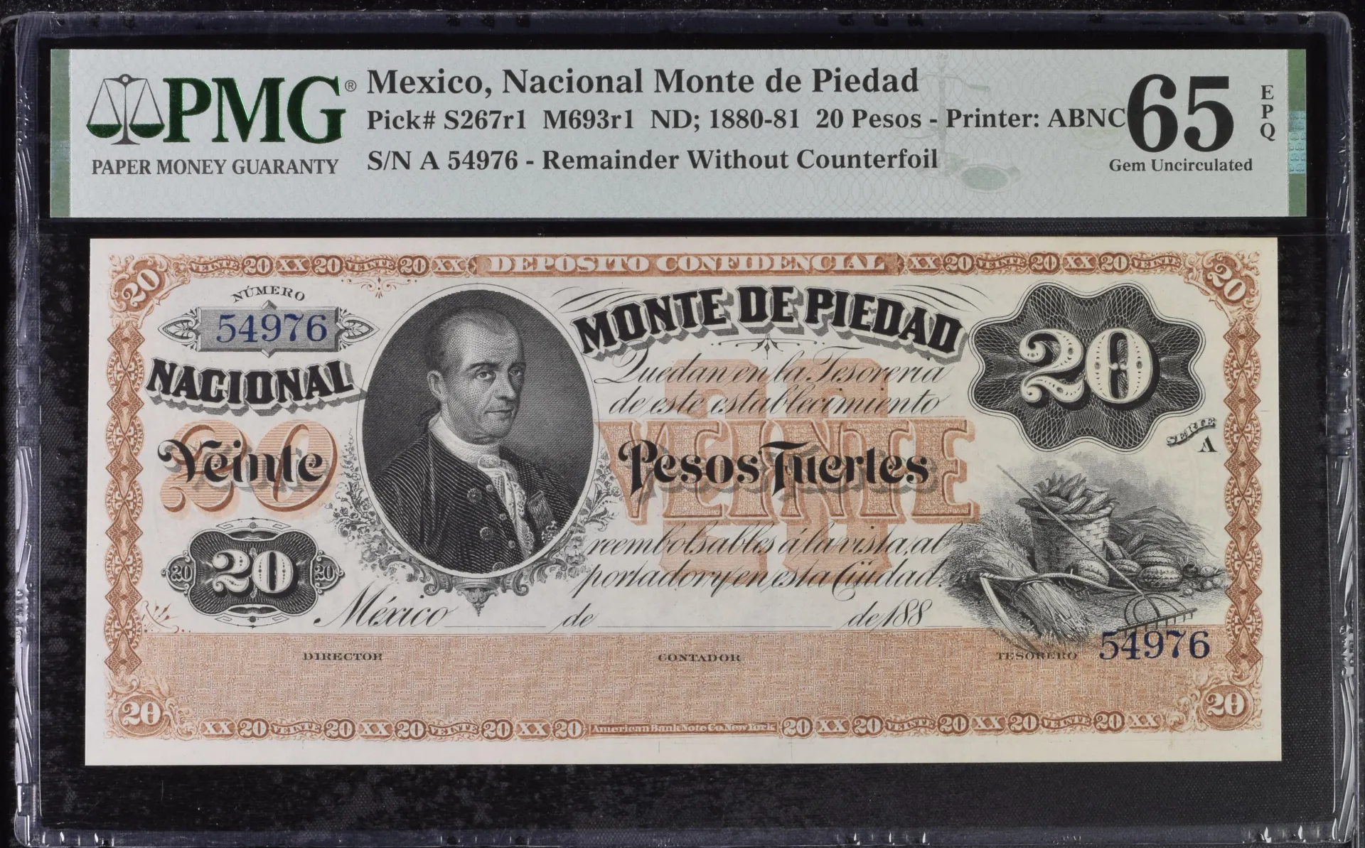Pre-Revolution 20 Pesos 1880-81 Distrito Federal M693r1 P S267r1 PMG Gem UNC65 EPQ f_35660