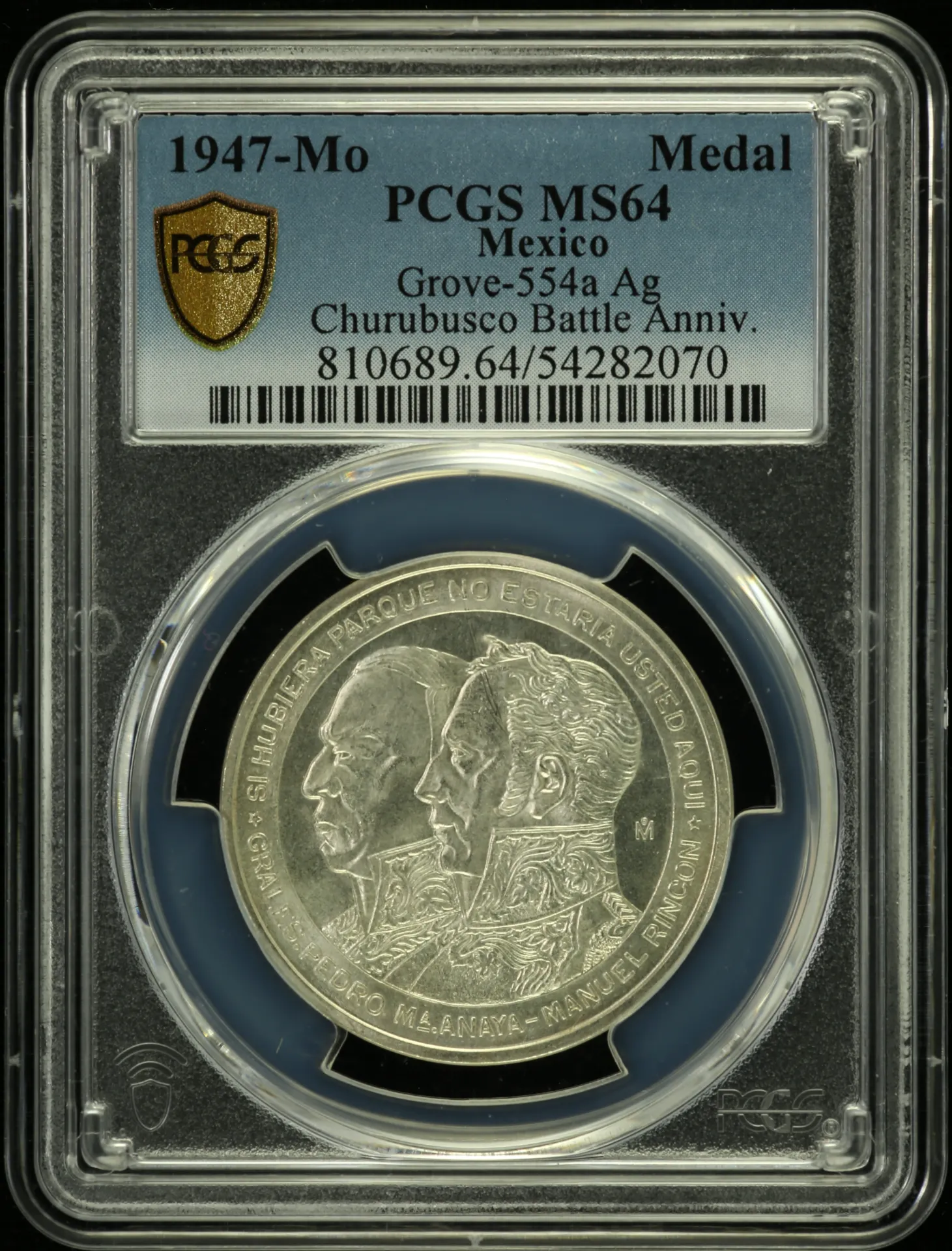 Medals & Tokens Mexican Coins Medals & Tokens Churubusco Battle Anniversary Silver Medal 1947 Mo Grove-554a PCGS MS64 0158364 Medals & Tokens Churubusco Battle Anniversary Silver Medal 1947 Mo Grove-554a PCGS MS64 0158364