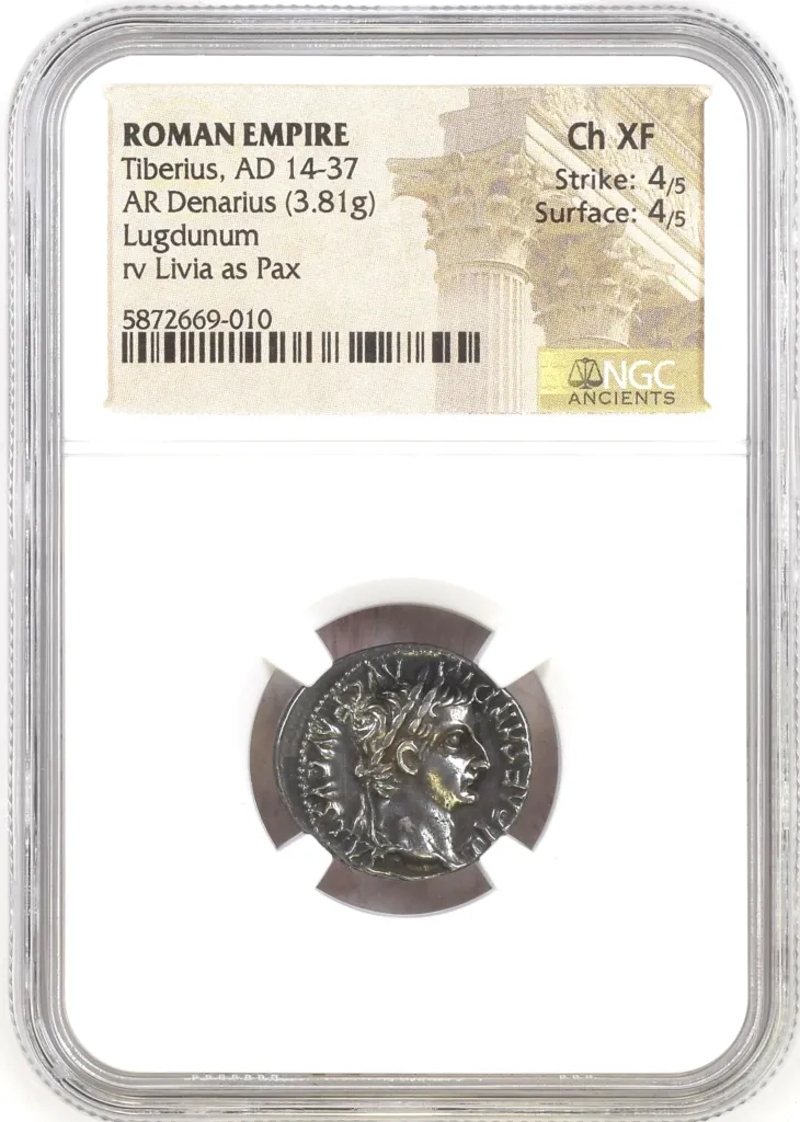 Roman Imperial Tiberius 14-37 AD AR Denarius NGC Ch XF 0158041
