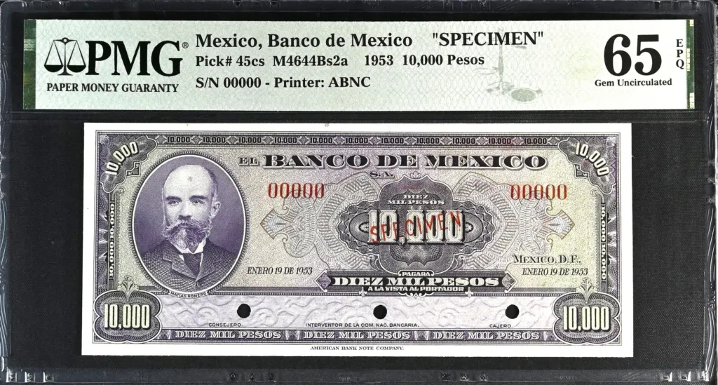 Banco De Mexico 10,000 Pesos 1953 M4644Bs2a P45cs PMG Gem UNC65 EPQ f_35619
