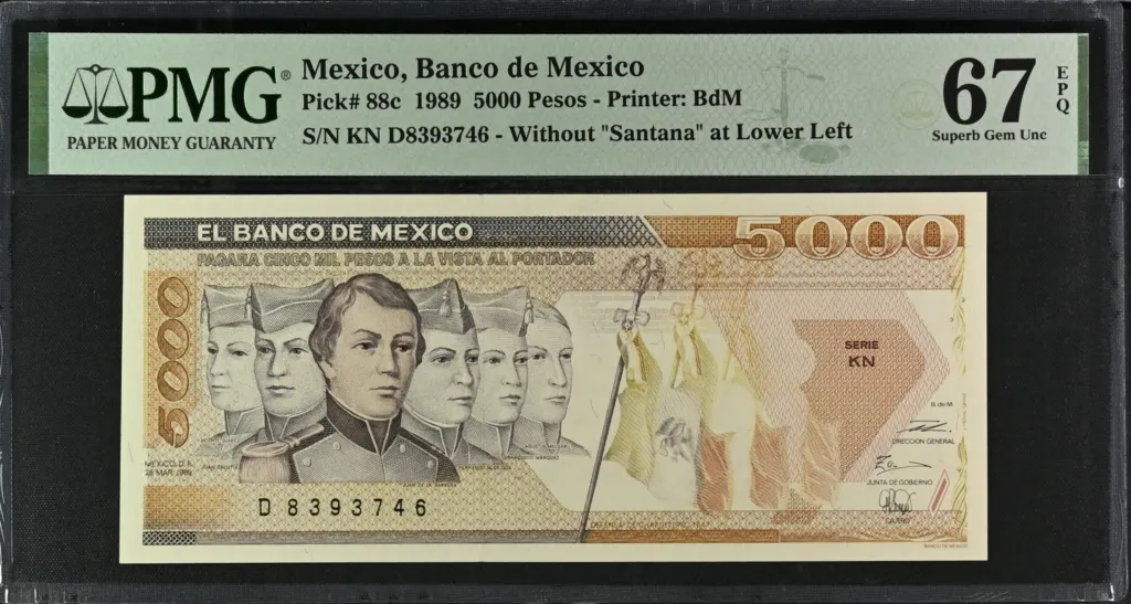 Banco De Mexico 5000 Pesos 1989 M4661 P88c PMG Superb Gem UNC67 EPQ f_35629