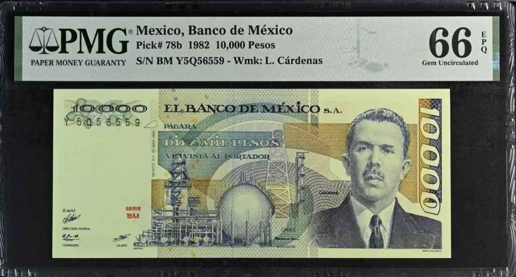 Banco De Mexico 10000 Pesos 1982 M4662b P78b PMG Gem UNC66 EPQ f_35631