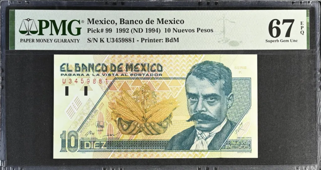 Banco De Mexico 10 Nuevos Pesos 1992 M4672 P99 PMG Superb Gem UNC67 EPQ f_35634