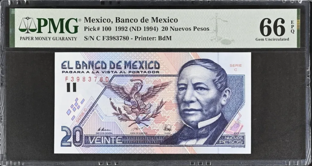 Banco De Mexico 20 Nuevos Pesos 1992 M4673 P100 PMG Gem UNC66 EPQ f_35635