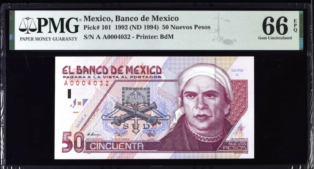 Banco De Mexico 50 Nuevos Pesos 1992 M4674 P101 PMG Gem UNC66 EPQ f_35637