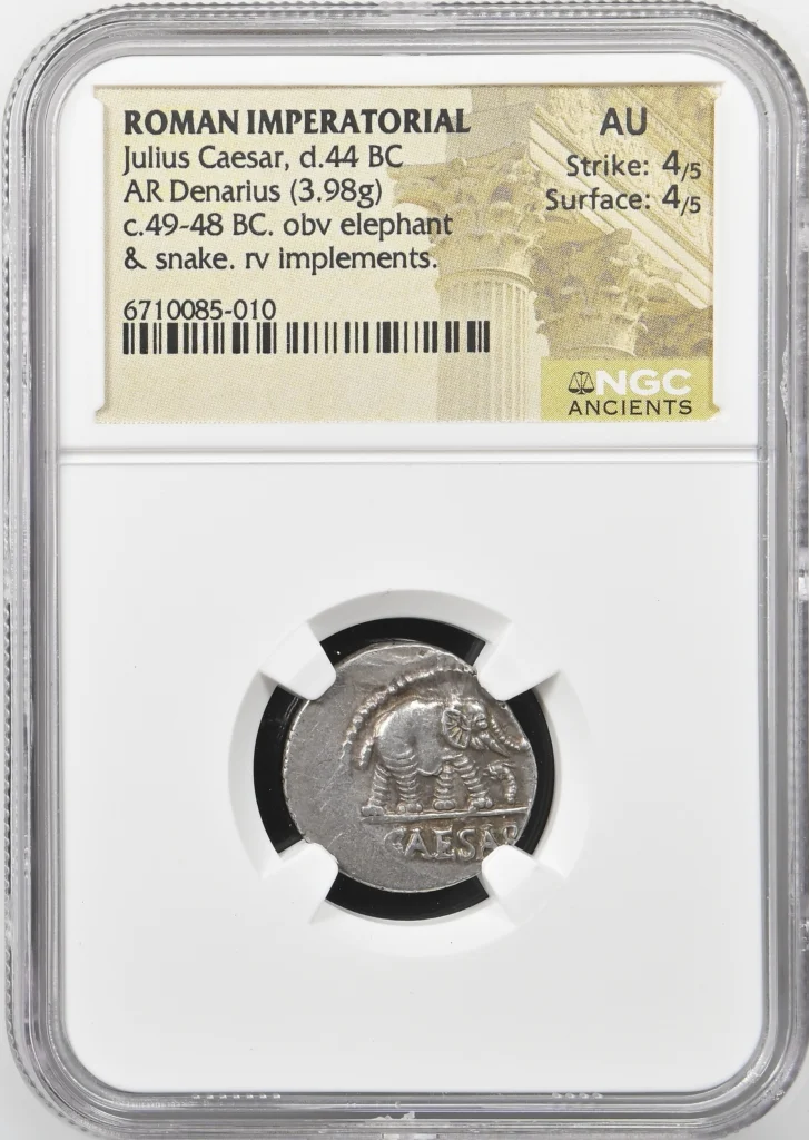 Ancient Coins Roman Imperatorial Roman Imperatorial Julius Caesar d.44 BC AR Denarius NGC AU 0158064 Roman Imperatorial Julius Caesar d.44 BC AR Denarius NGC AU 0158064