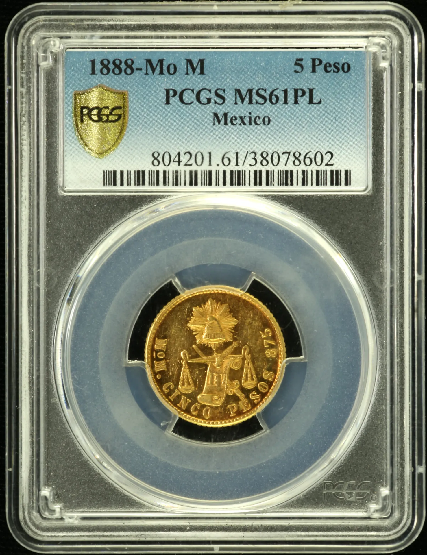 Republic Gold 5 Peso 1888 Mo M PCGS MS61PL 0158484