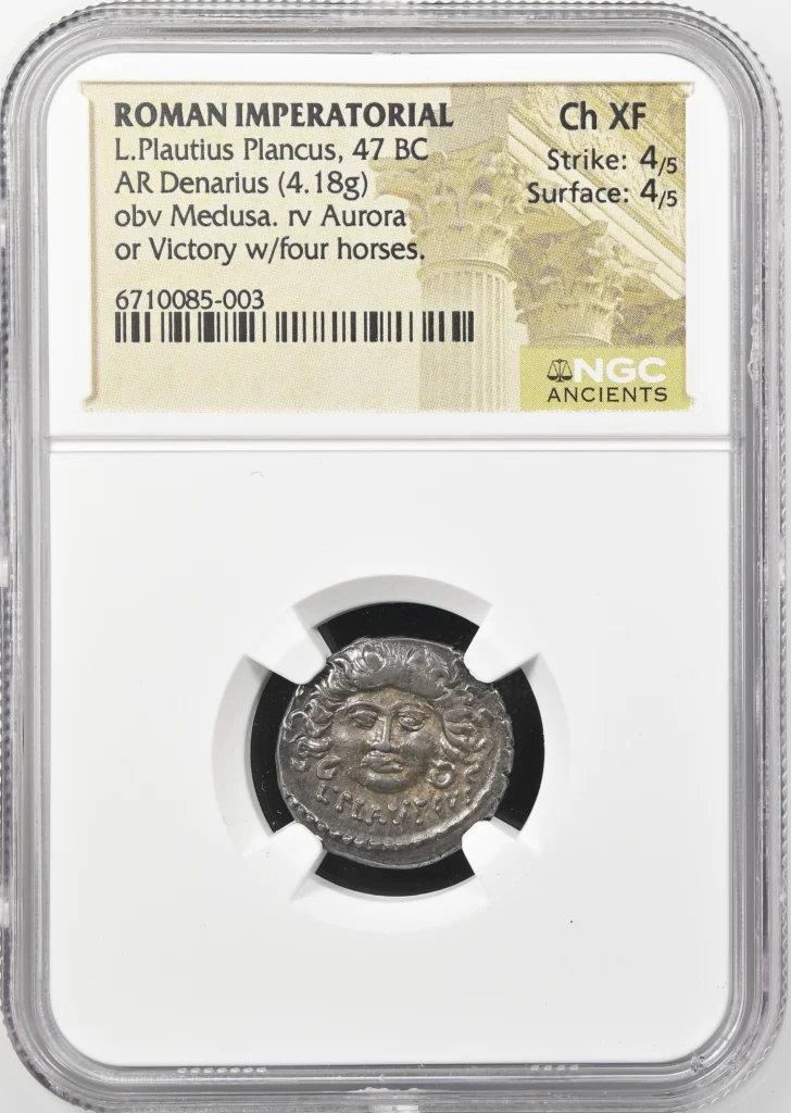 Ancient Coins Roman Imperatorial Roman Imperatorial L. Plautius Plancus 47 BC AR Denarius NGC Ch XF 0158908 Roman Imperatorial L. Plautius Plancus 47 BC AR Denarius NGC Ch XF 0158908