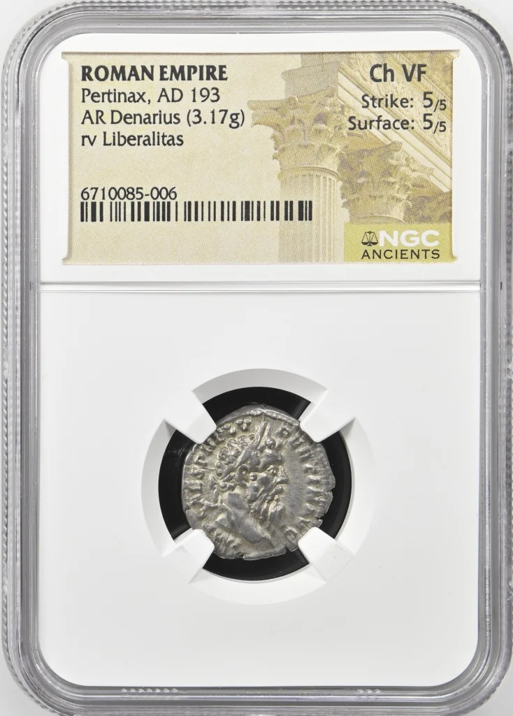 Ancient Coins Roman Imperial Roman Imperial Pertinax 193 AD AR Denarius NGC Ch VF 0158909 Roman Imperial Pertinax 193 AD AR Denarius NGC Ch VF 0158909