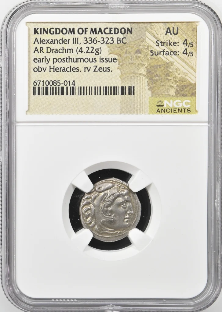 Ancient Coins Greek Macedonian Kings Macedonian Kings Alexander III(The Great) 336-323 BC AR Drachm NGC AU 0158912 Macedonian Kings Alexander III(The Great) 336-323 BC AR Drachm NGC AU 0158912