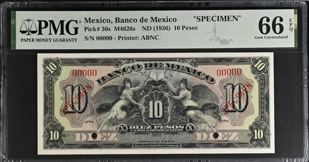 Banco De Mexico 10 Pesos (1936) M4626s PMG Gem UNC66 EPQ f_35616