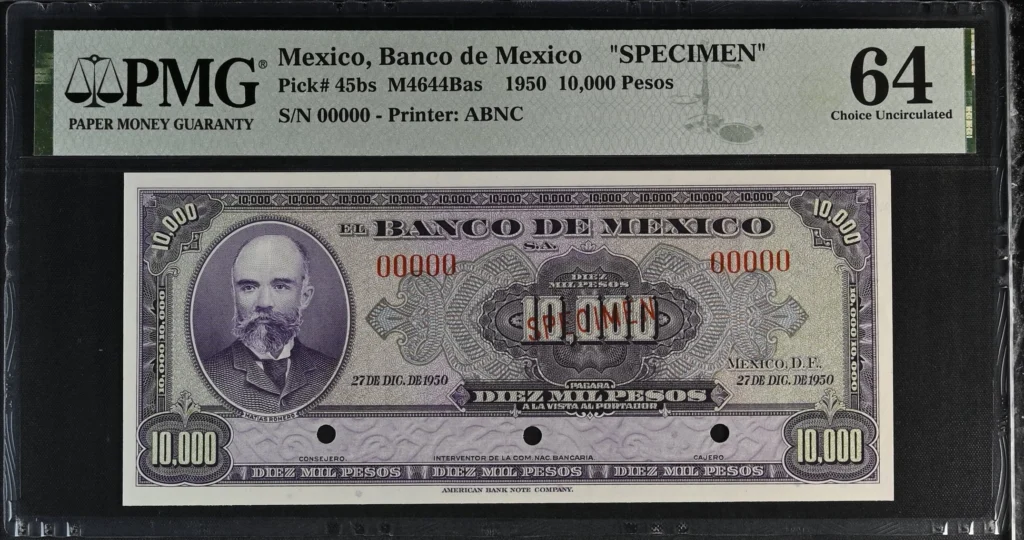 Banco De Mexico 10,000 Pesos 1950 M4644Bas PMG Ch UNC64 f_35618