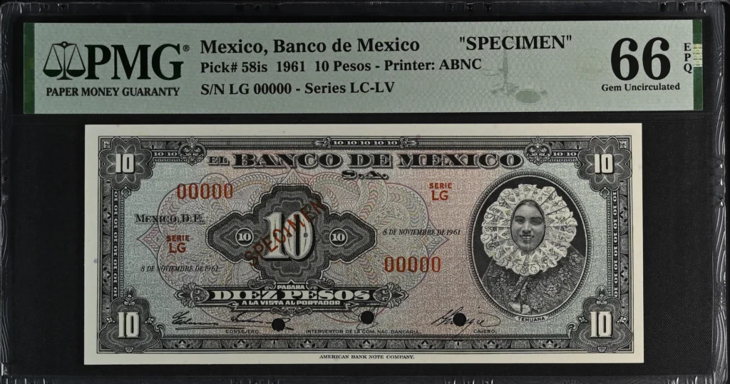 Banco De Mexico 10 Pesos 1961 M4638Bo P58is PMG Gem UNC66 EPQ f_35620